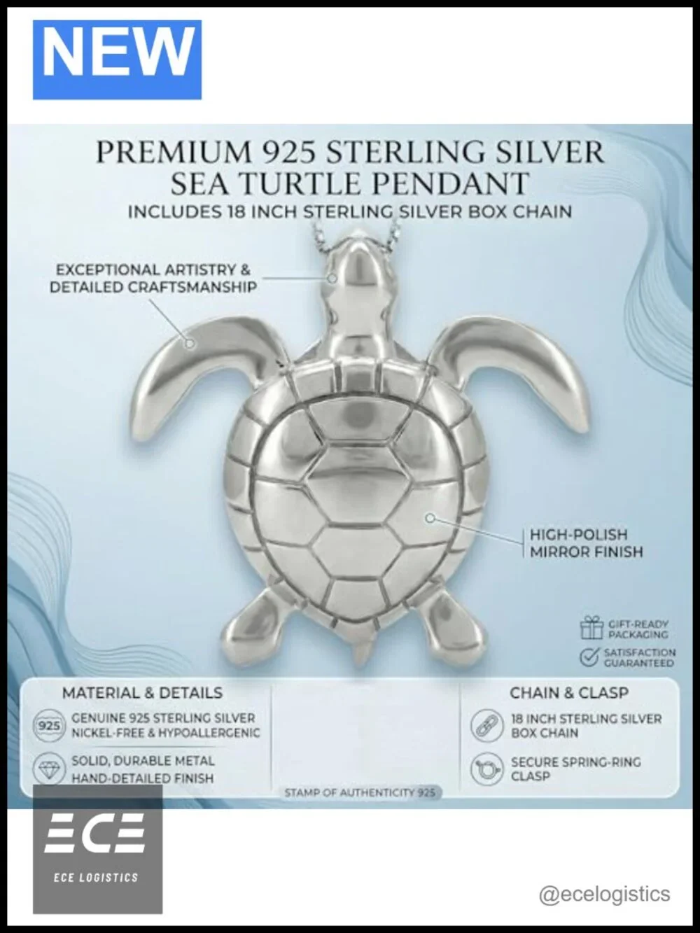 925 Sterling Silver Sea Turtle Pendant Necklace 18